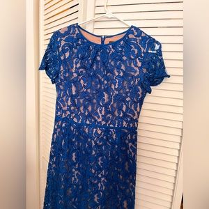 Adrianna Papell blue lace dress with tan underlay, size 6